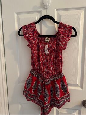 LF Red Floral Print Sleeveless Romper